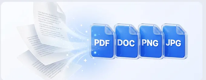 Paper pages turning into PDF, DOC, PNG and JPG files