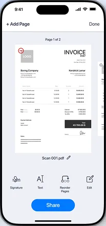 A scanned invoice ready to sign, edit and share