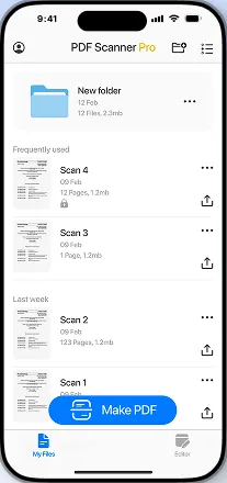 The file list with recent scans and a Make PDF button