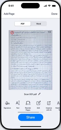 A handwritten page recognised by OCR with a PDF and Word toggle